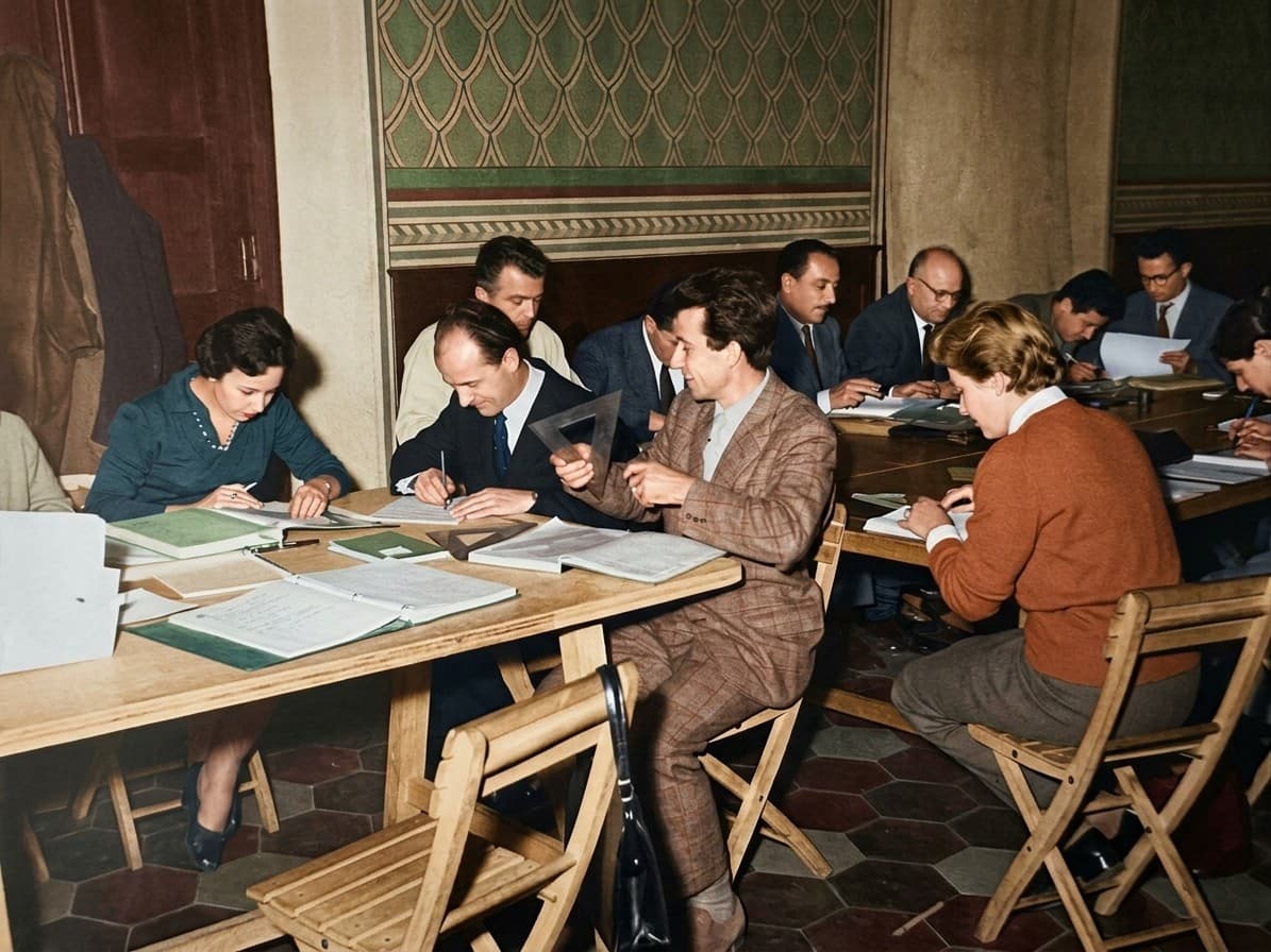 Archive — pattern-drafting session around the atelier tables