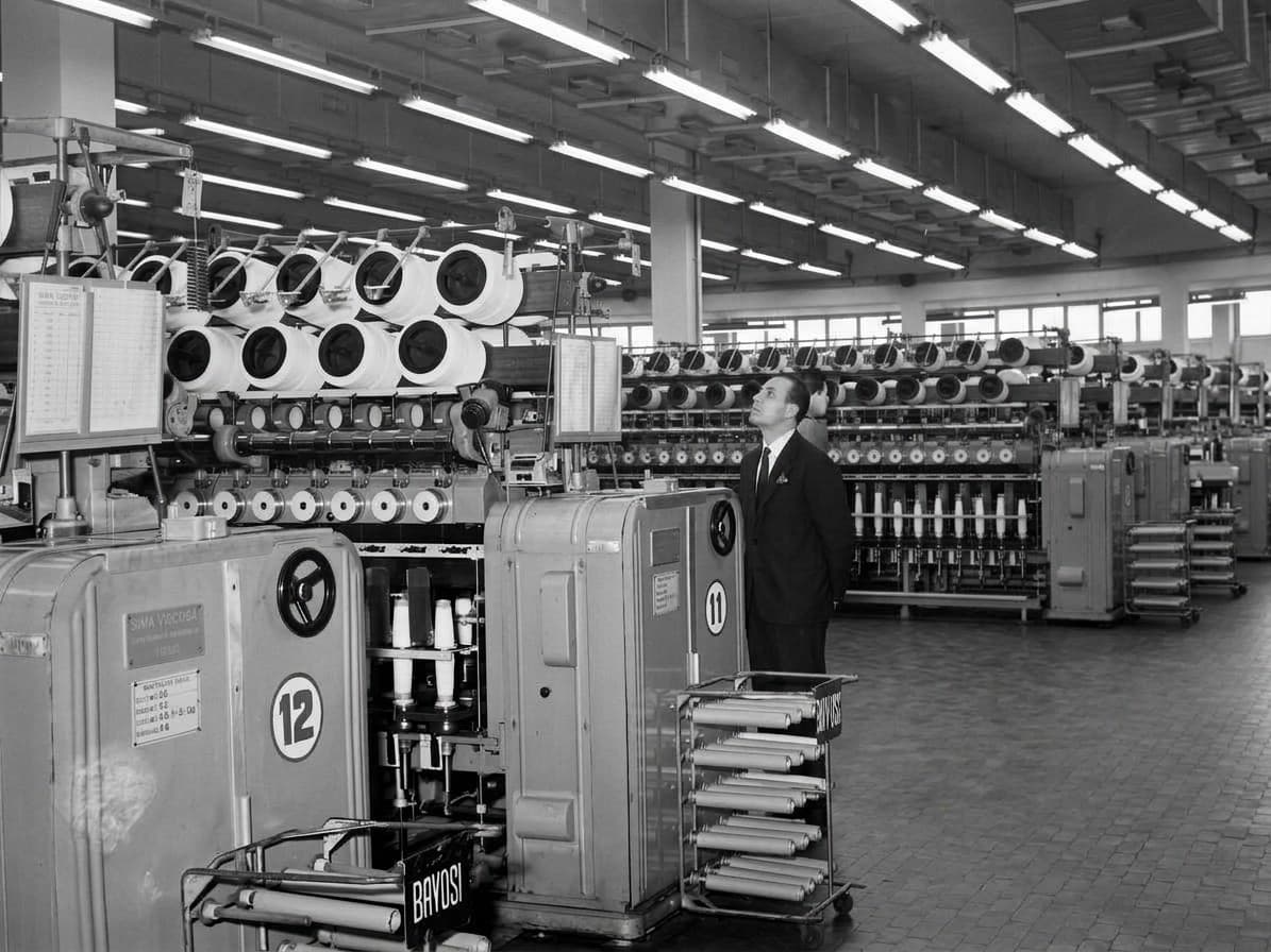 Archive — visitor on a textile mill floor among yarn-winding machines
